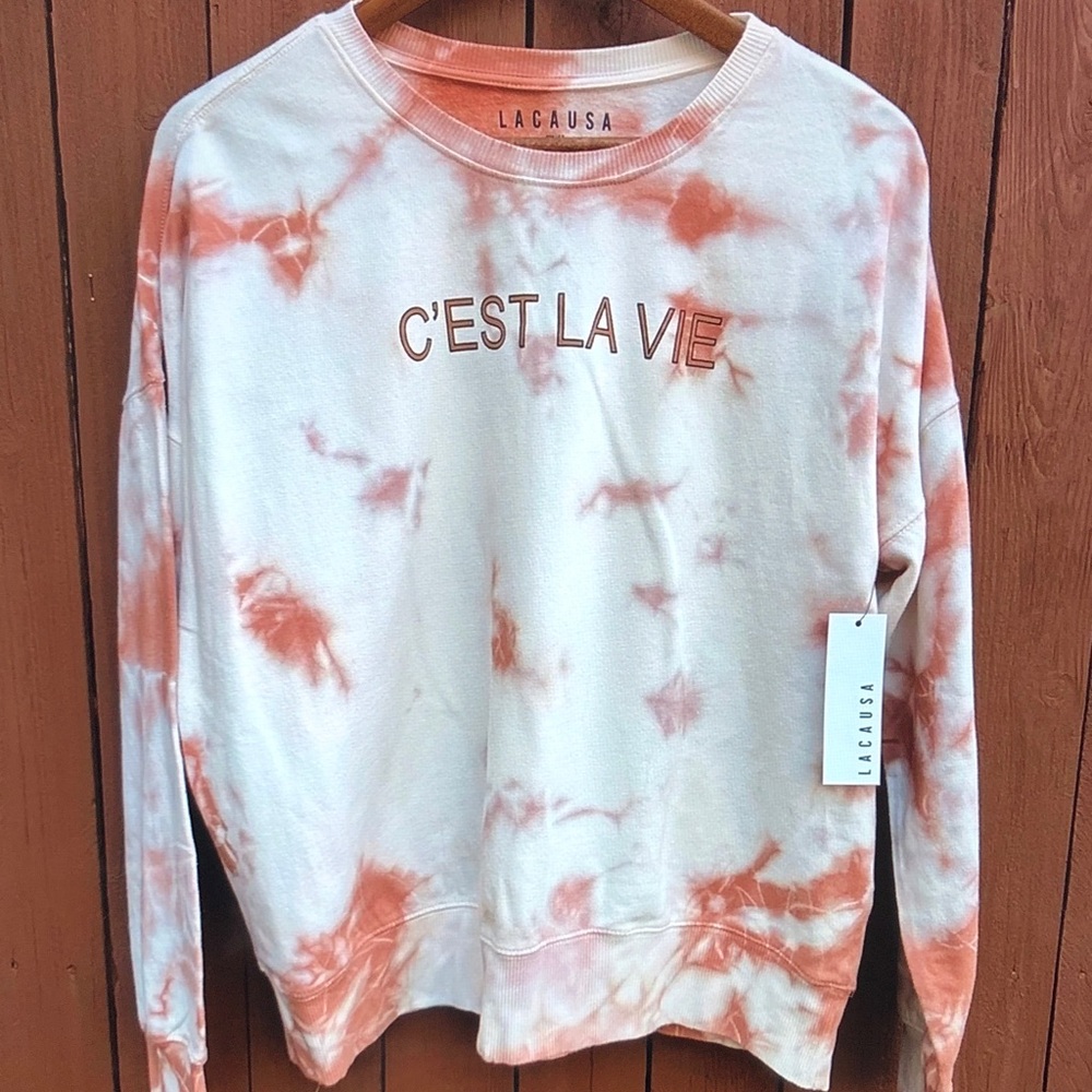 LACAUSA Peach & White Tie-Dye 'C'EST LA VIE' Crewneck Sweatshirt